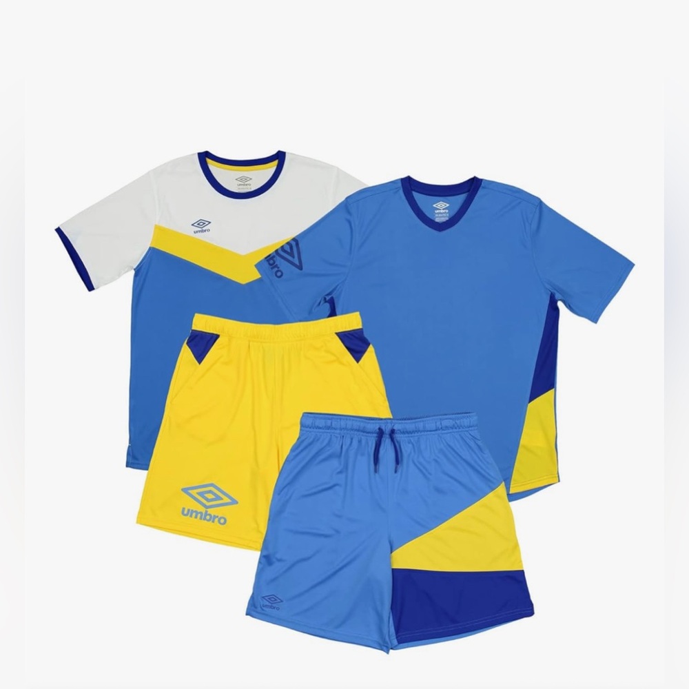 Umbro Boys' Youth Soccer 4-Piece Short Sleeve Tee and Short Set. Size XXL